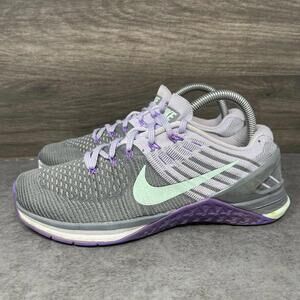 Nike Metcom DSX Flyknit Shoes Womens Size 8.5 Grey Purple Training 8490809-007